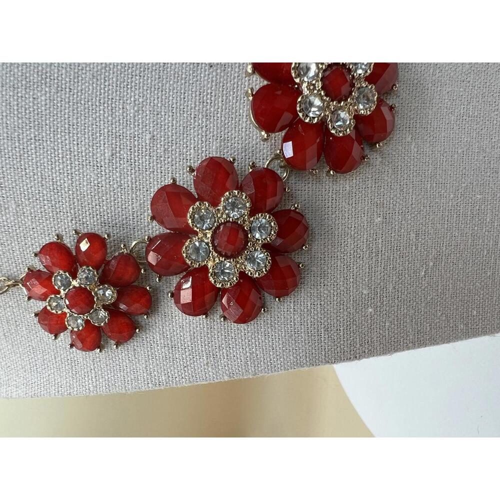 Red Floral Statement Necklace with Rhinestones - Picture 5 of 9